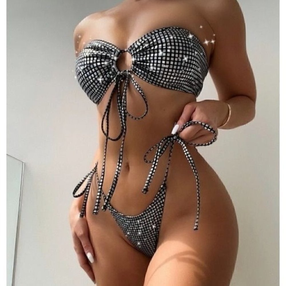 Black & Silver Metallic Checkered Bikini Set Sparkle Tie Side Swimwear